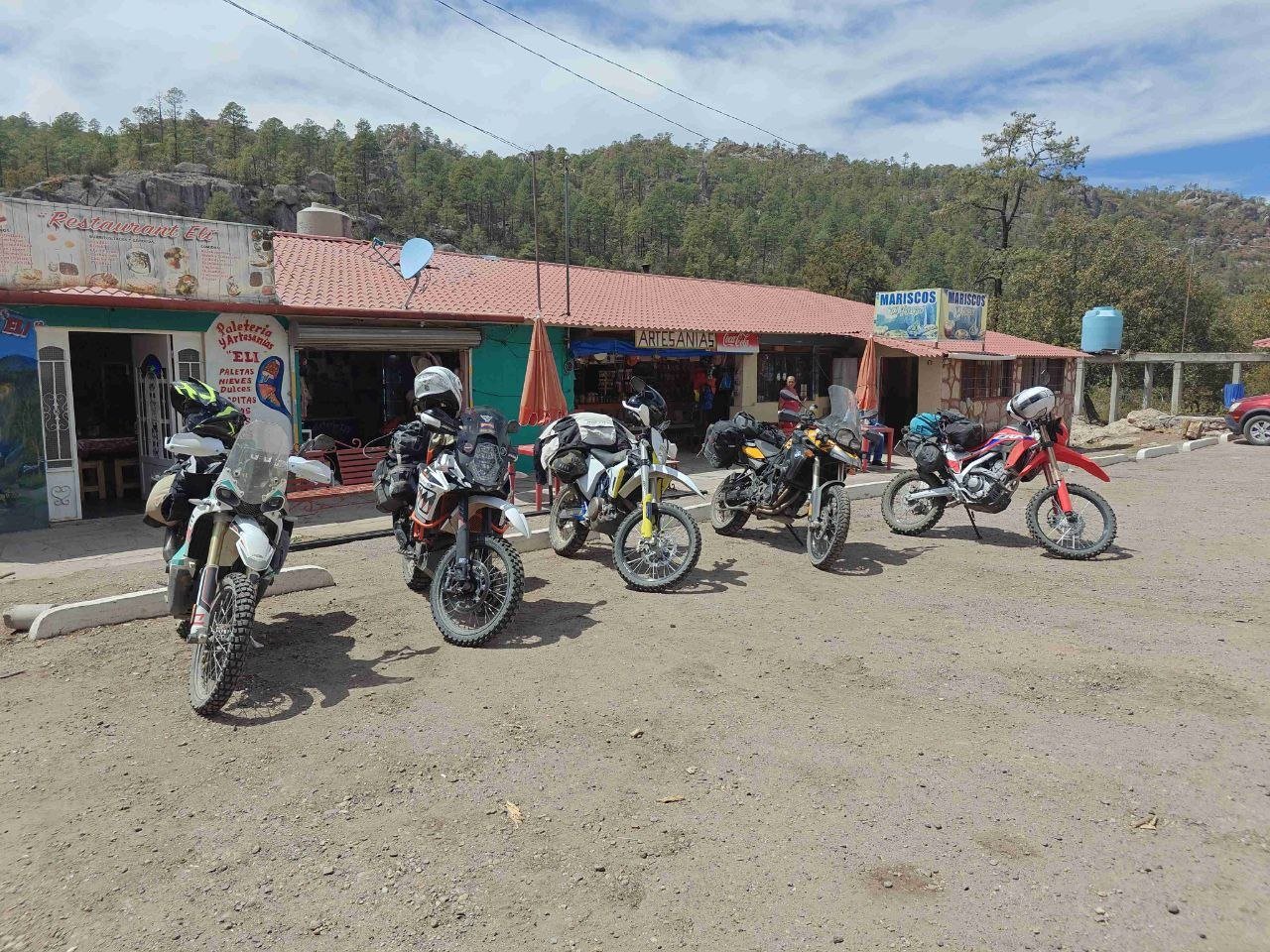 Dual-sport bikes at roadside restaurants