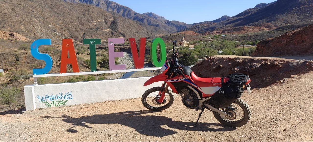Honda dual-sport at Satevó sign
